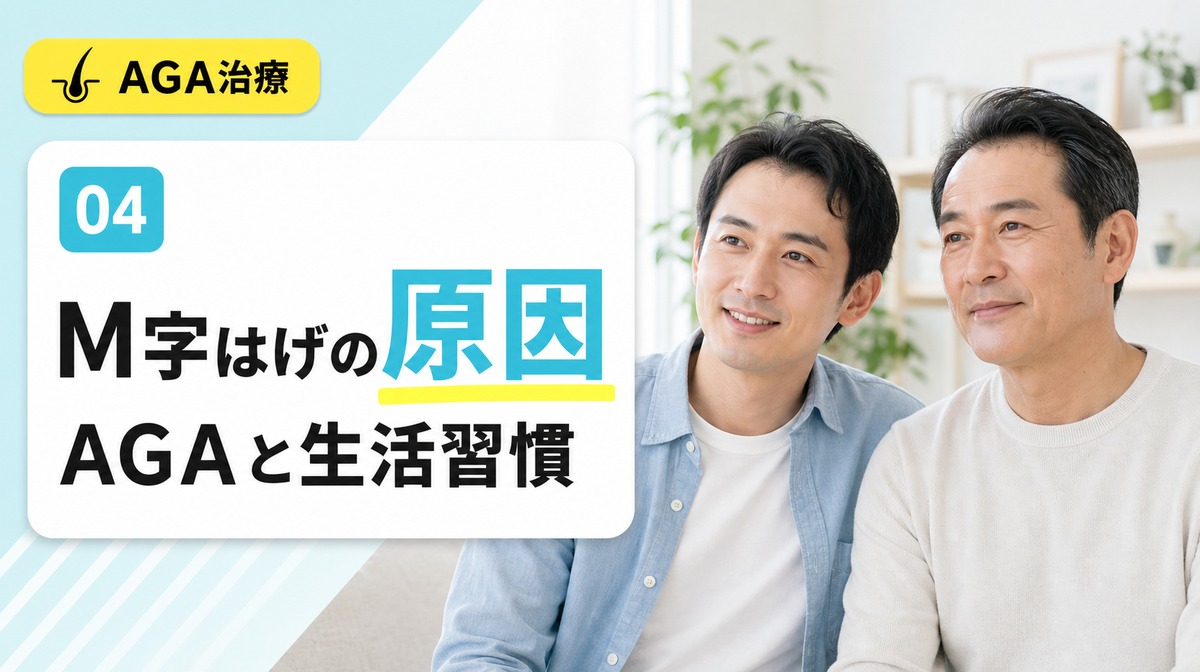 M字はげの原因であるAGAとDHTや生活習慣と左右差を解説する見出しイメージ