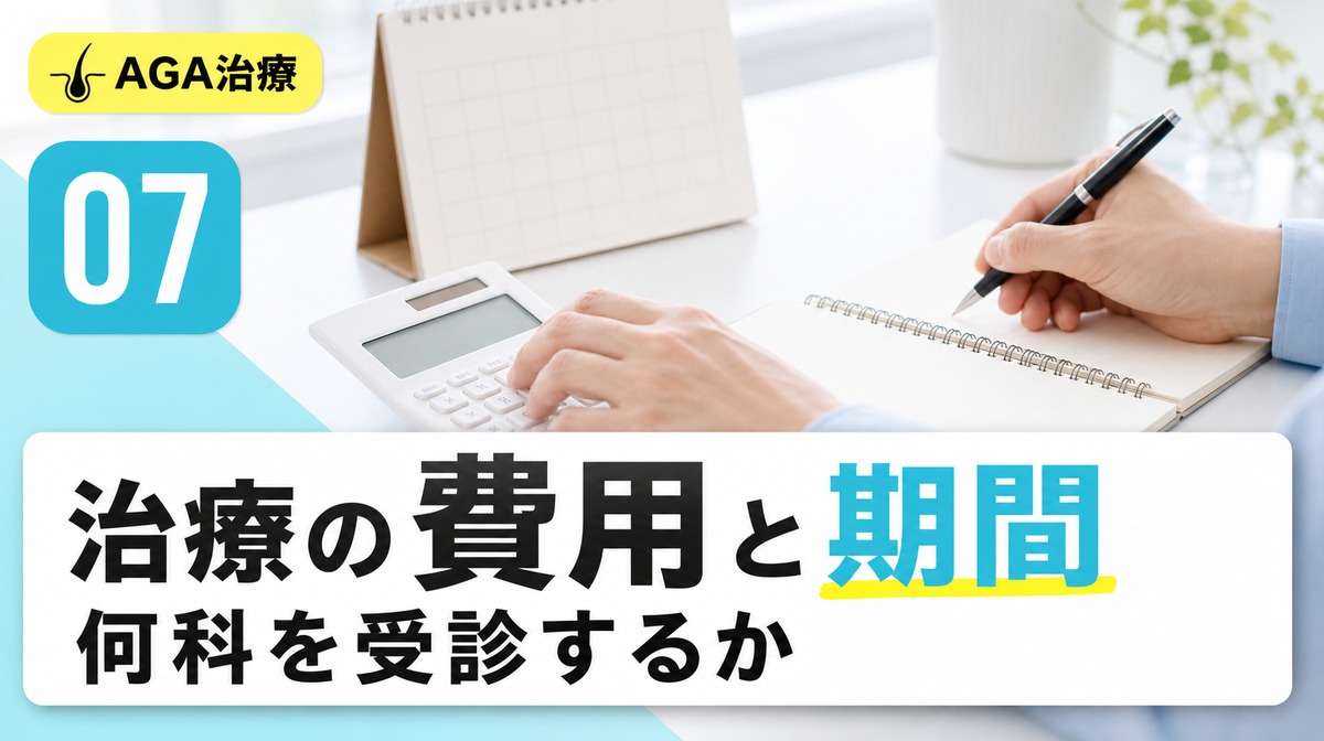 M字はげの治療にかかる費用と期間や何科を受診するかを解説する見出しイメージ