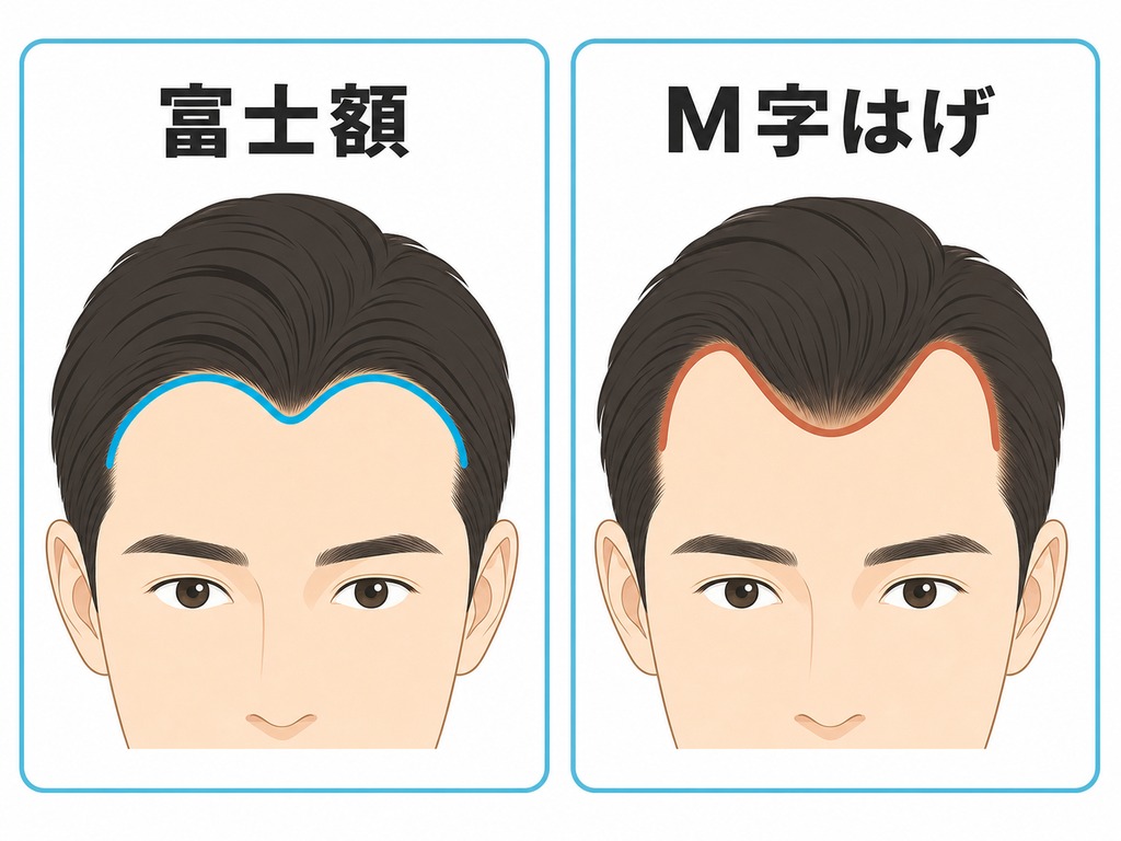生まれつきの富士額とM字はげの生え際の形の違いを並べて示した図