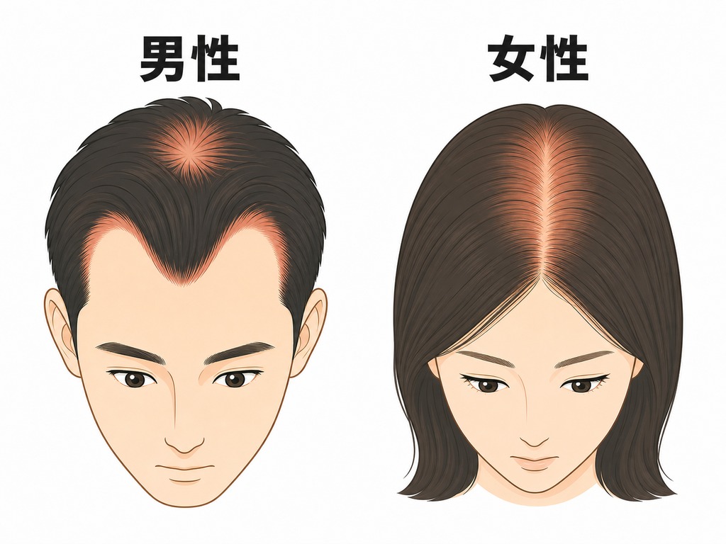 男性のM字型の後退と女性の全体的なボリューム低下という薄毛パターンの違いを並べた図