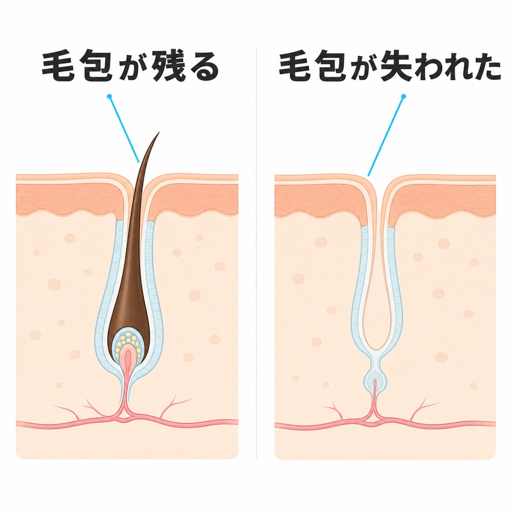 毛包が残り産毛が育つ段階と毛包が失われた段階の毛根の断面の違いを示した図