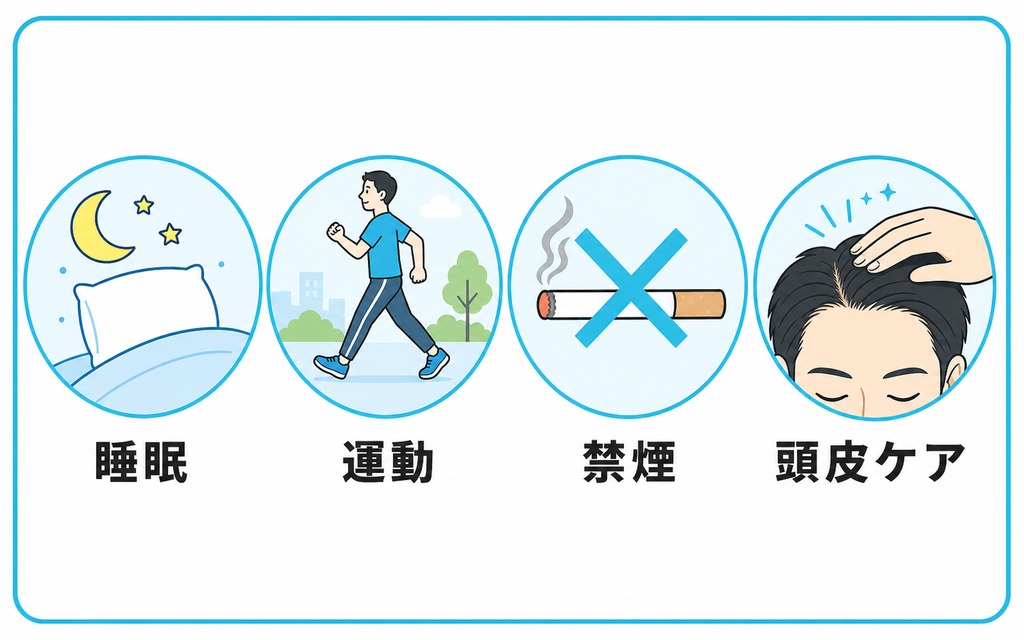 十分な睡眠と適度な運動と禁煙とやさしい頭皮ケアなどM字はげ予防に役立つ生活習慣を並べた図