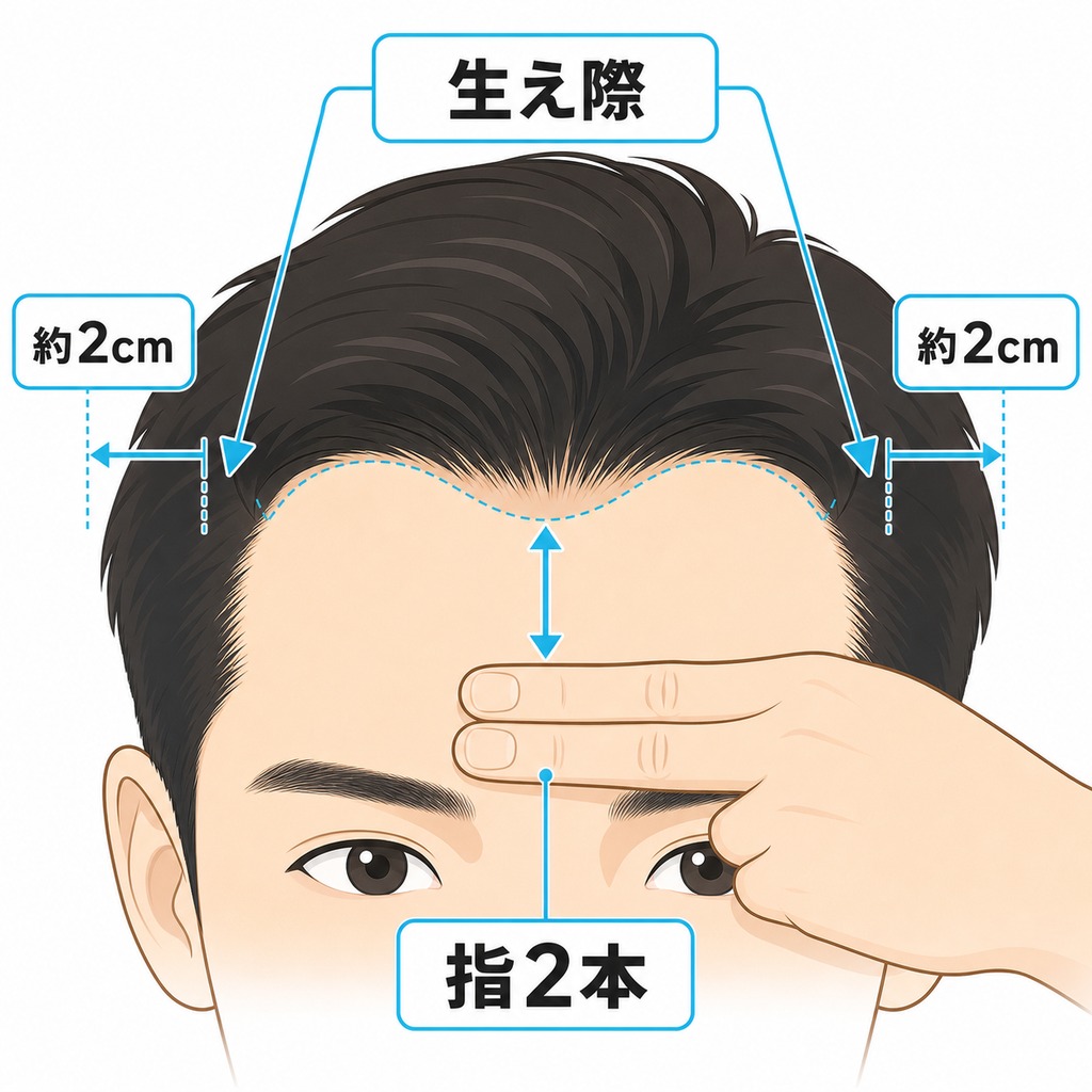 眉上から生え際までの指2本分と左右の角の2cmの後退をM字はげの目安として示した図