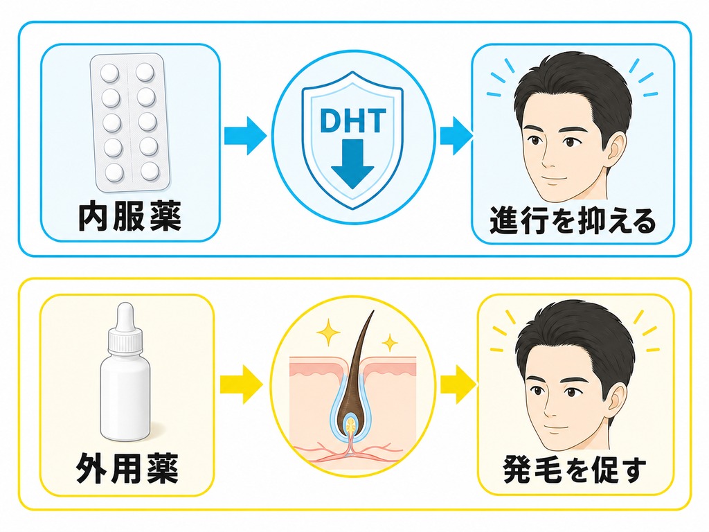 内服薬が抜け毛の進行を抑え外用薬が発毛を促すM字はげ治療の作用の違いを示した図