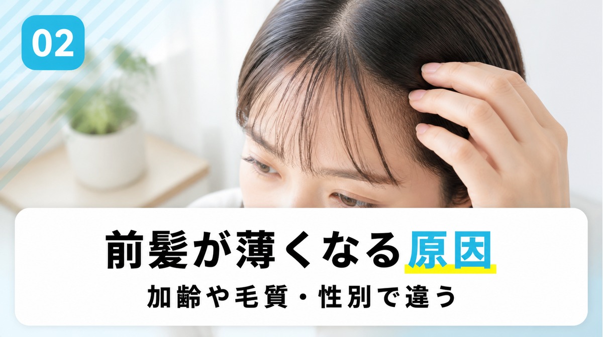 前髪だけが薄いスカスカになる原因を加齢や生活習慣や毛質や性別で解説する見出しイメージ
