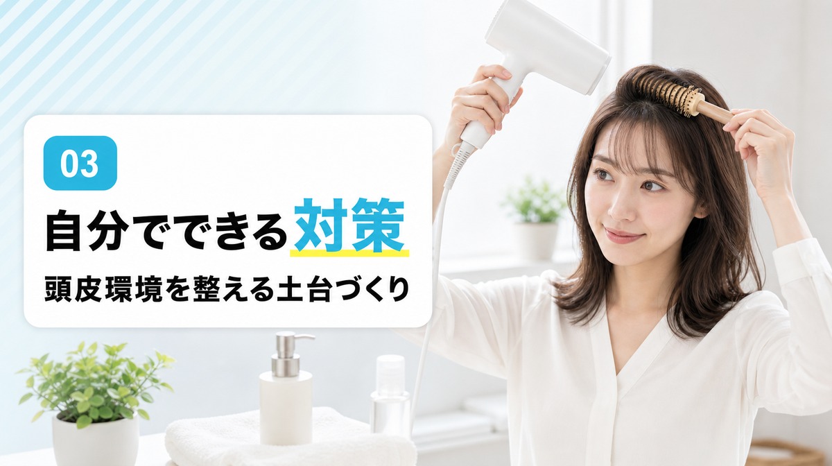 前髪が薄いときに自分でできる対策を頭皮ケアや食事やドライヤーで解説する見出しイメージ