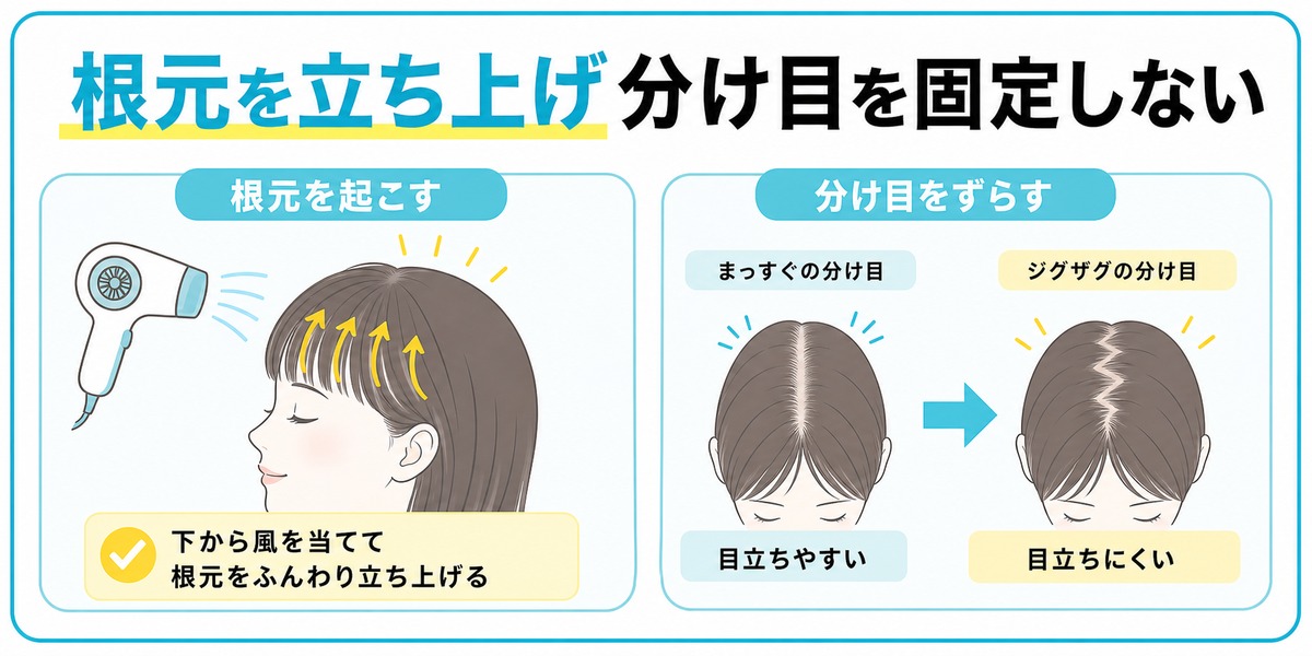 前髪が薄いときにドライヤーで根元を起こすように風を当てる向きと分け目をずらしてジグザグにとる見直しを示した図解