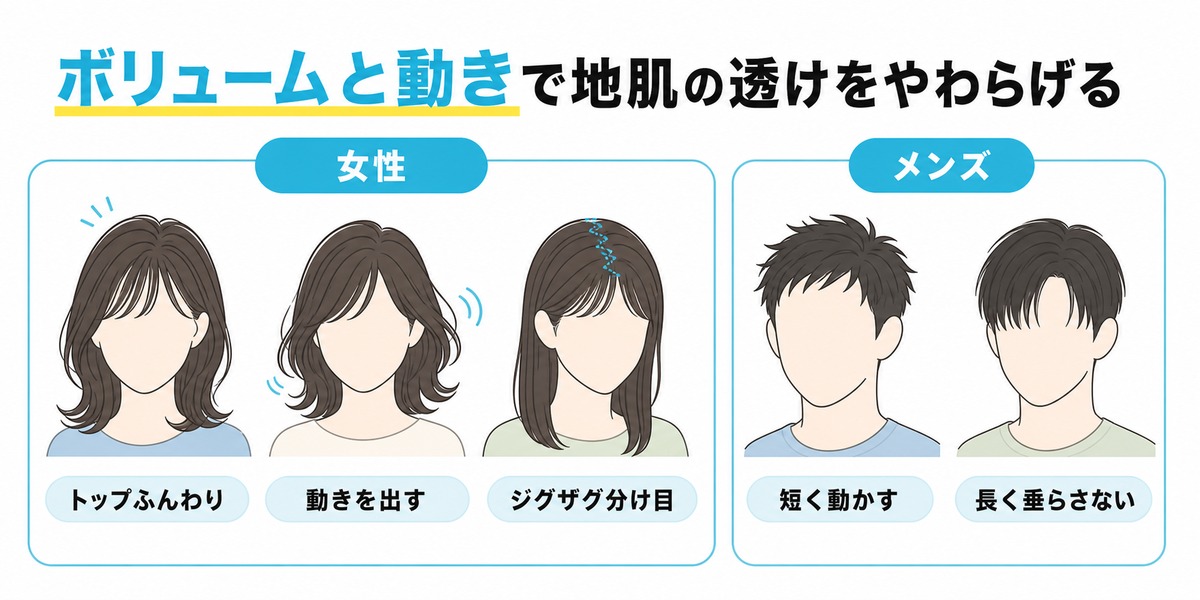 前髪が薄いのを隠す髪型のボリューム技法を女性はトップをふんわりとジグザグ分け目メンズは短く動きを出すシルエットで比較した図解