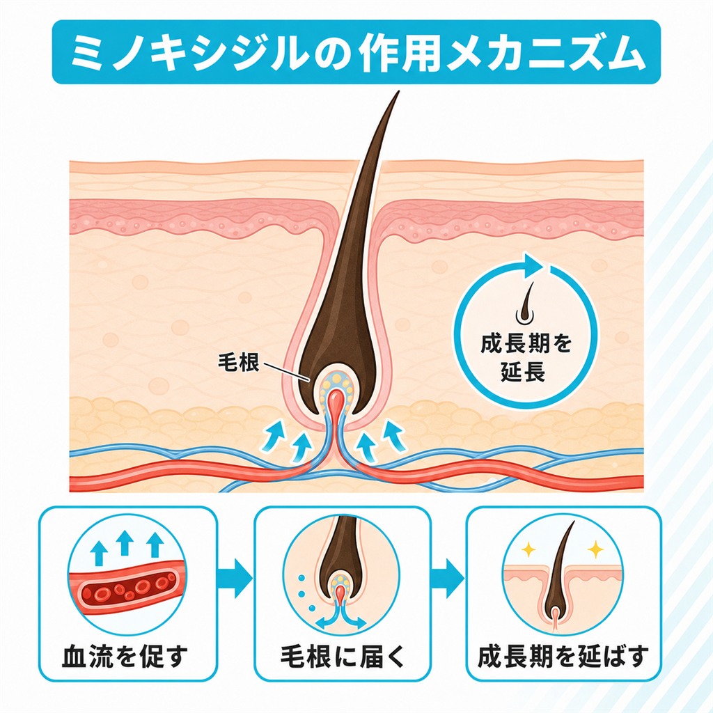 ミノキシジルが頭皮の血流を促し毛根の成長期を延ばす作用機序を示した概念図