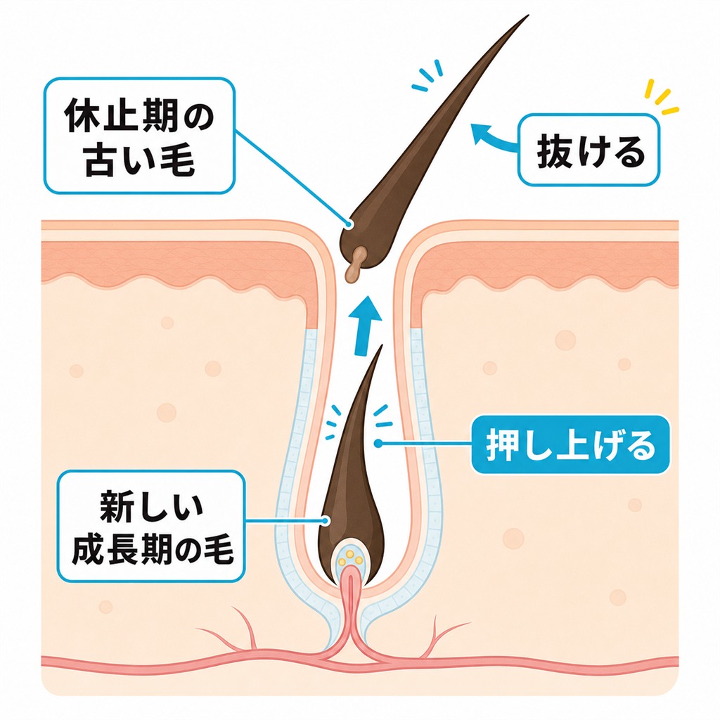 休止期に入っていた古い毛が新しい髪に押し出される初期脱毛の仕組みを毛根の断面で示した図