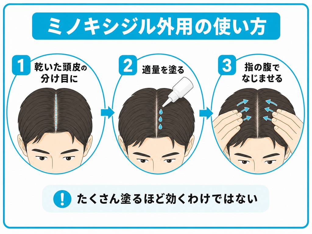 外用薬を乾いた頭皮の分け目に適量塗り指の腹でなじませる塗り方を示した図