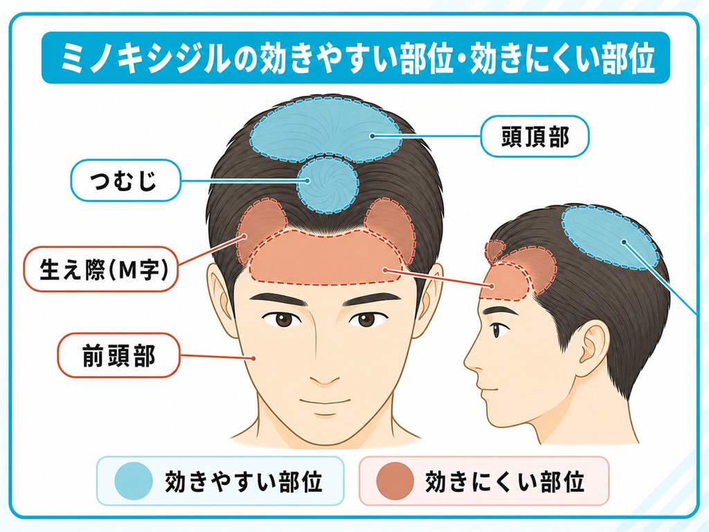 頭部のイラストでミノキシジルが反応しやすい頭頂部と変化を感じにくい生え際やm字の傾向を示した部位マップ