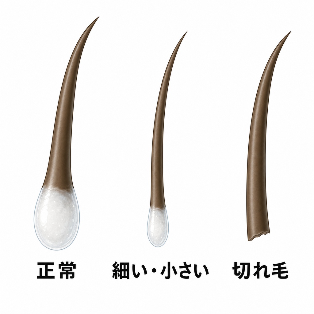 正常な毛根のふっくらした膨らみと細く小さい毛根や根元のない切れ毛の形を比べた図
