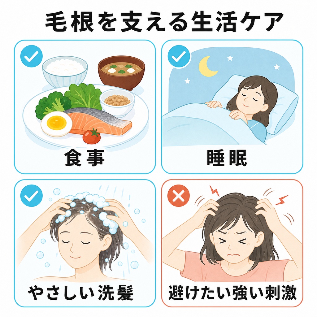 バランスのよい食事や十分な睡眠とやさしい洗髪など毛根を支える生活ケアと避けたい強い刺激を並べた図