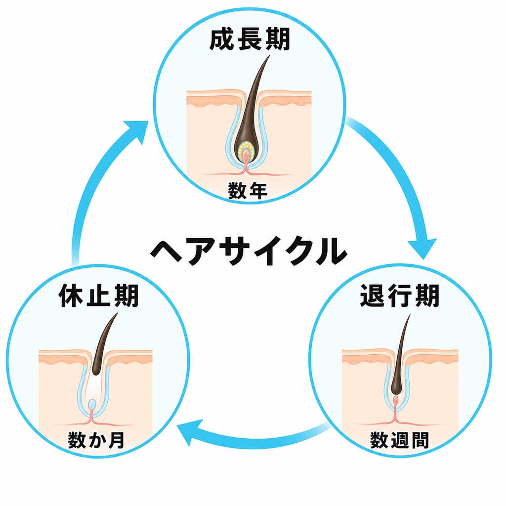成長期から退行期と休止期へ移り変わるヘアサイクルと毛が抜けて生え変わる流れを示した図
