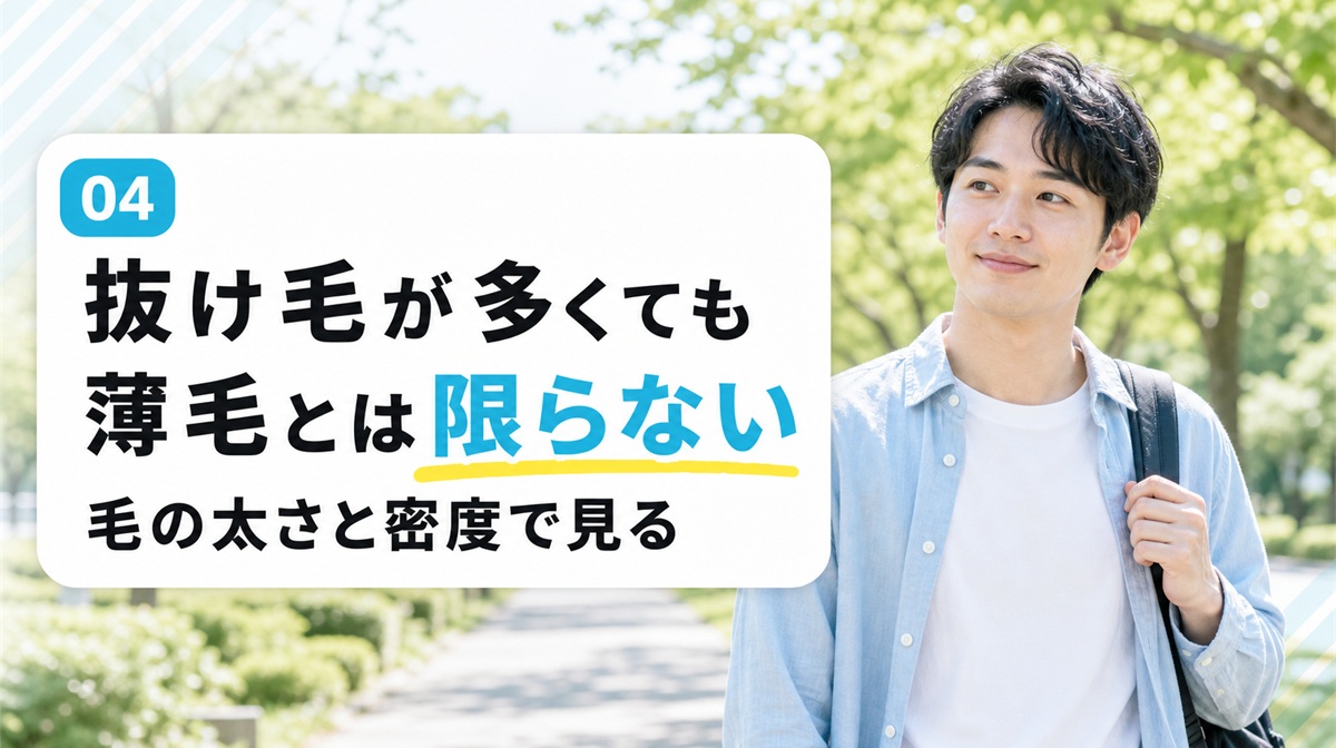 並木道で風に髪がなびく人物の薄毛とは限らない安心軸の見出しイメージ