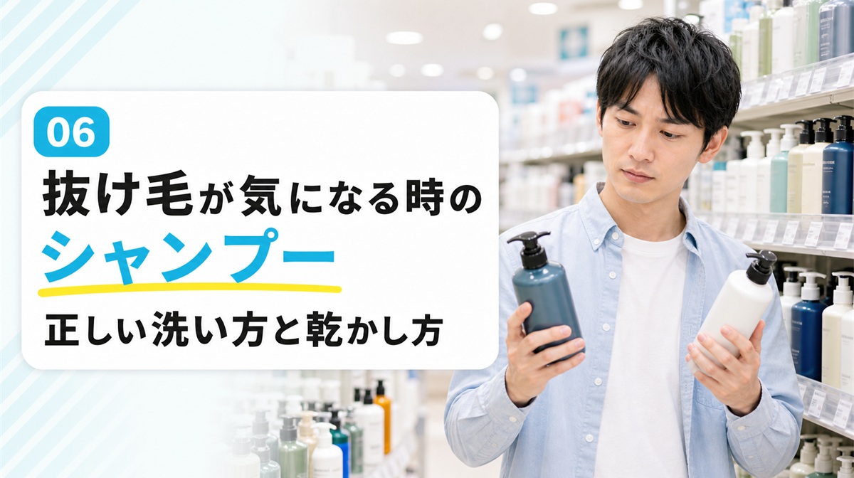 ドラッグストアの棚でシャンプーを選ぶ人物のシャンプーと洗い方の見出しイメージ