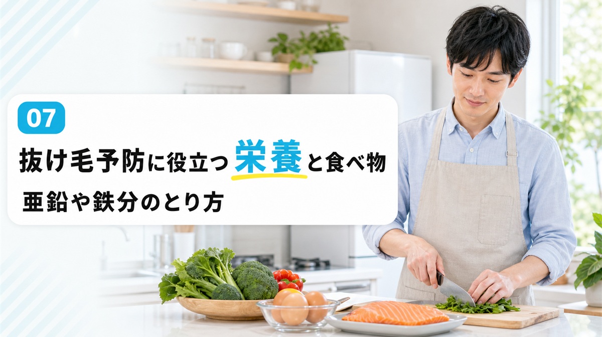 キッチンで鮭や卵や野菜を下ごしらえする手元の栄養と食べ物の見出しイメージ