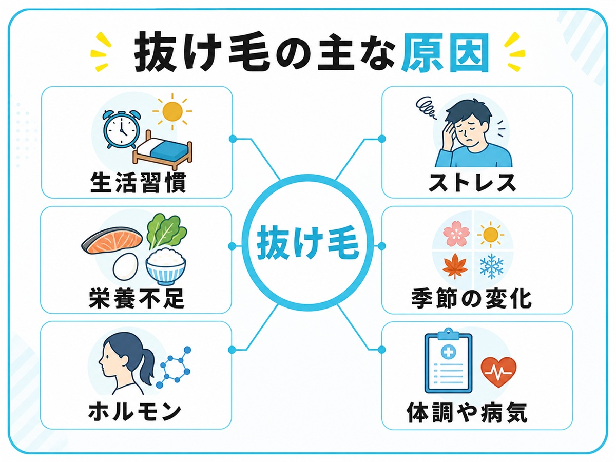 抜け毛の主な原因を生活習慣やストレスや栄養や季節などで示した原因マップの図