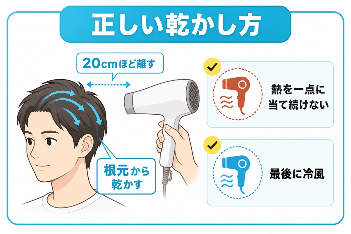 ドライヤーを頭皮から離し根元から乾かす正しい乾かし方の図