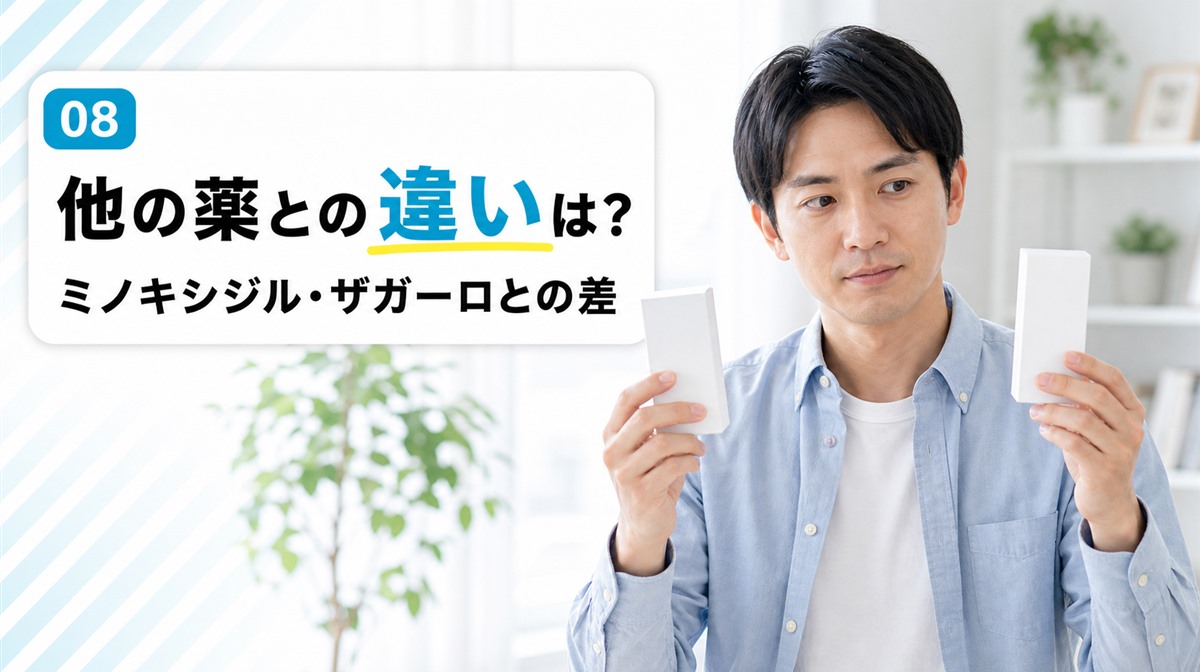 プロペシアとミノキシジルやデュタステリド(ザガーロ)との違いを解説する見出しイメージ