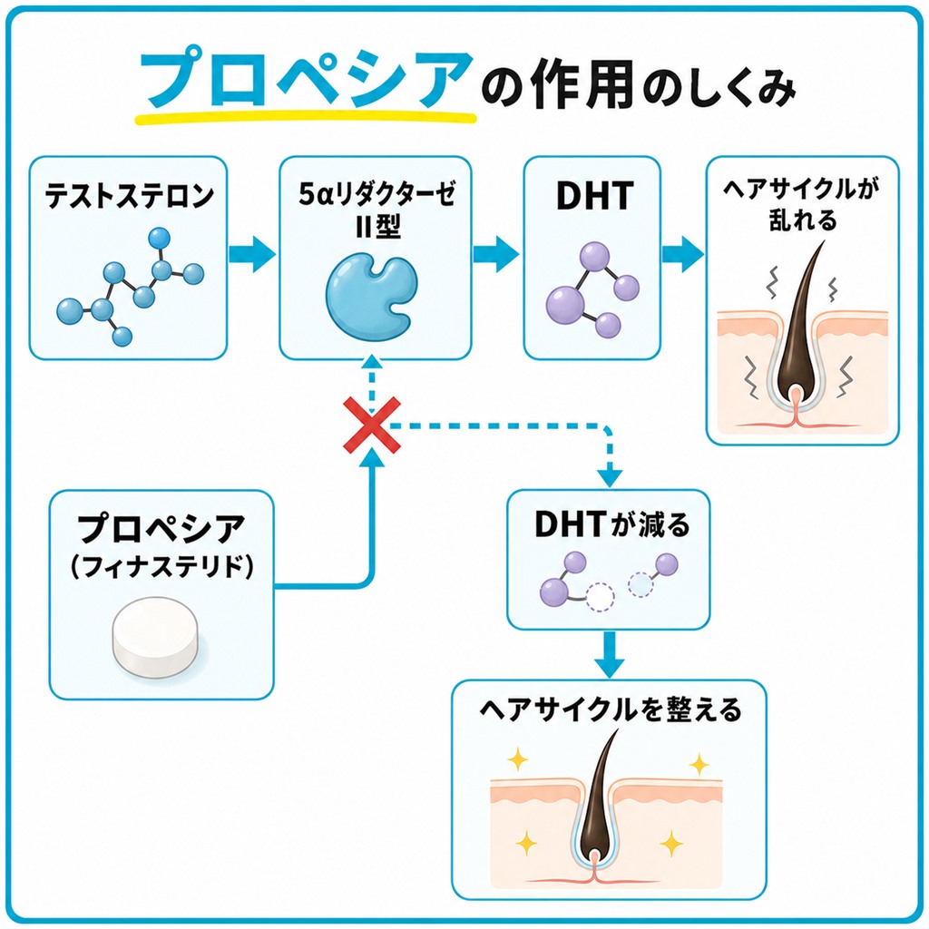 テストステロンが5αリダクターゼでDHTに変わりプロペシアがその過程を抑えてヘアサイクルを整える流れを示した図