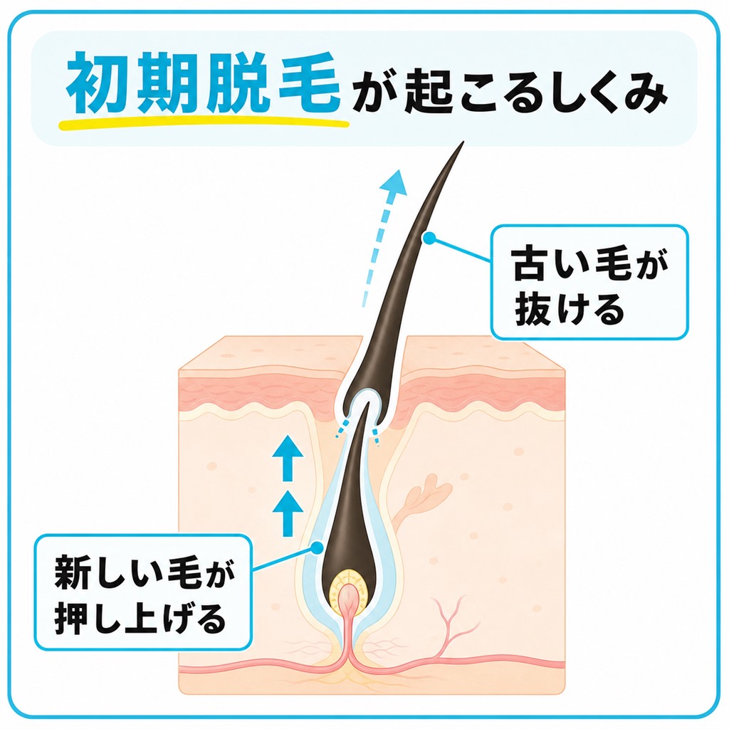 毛包の断面で新しい毛が古い毛を押し出して初期脱毛が起こる仕組みを示した図解
