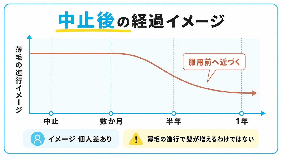 プロペシアを中止した後の経過のイメージで数か月は横ばいその後抜け毛の進行が戻り半年から1年で服用前の状態に近づく流れを示した図(個人差あり)