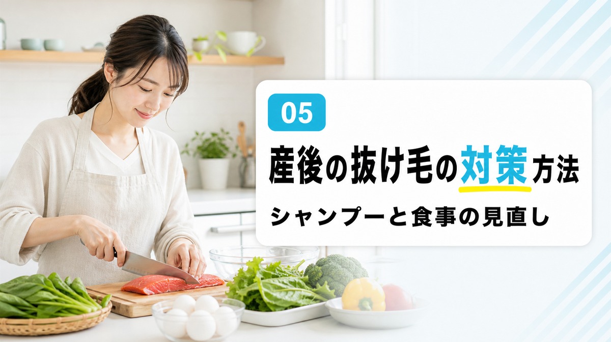 産後の抜け毛の対策方法をシャンプーや食事栄養から解説する見出しイメージ