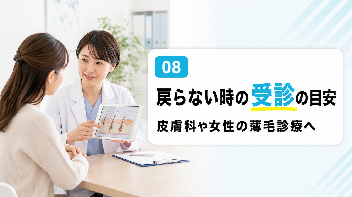 産後の抜け毛が戻らない時の受診の目安を解説する見出しイメージ