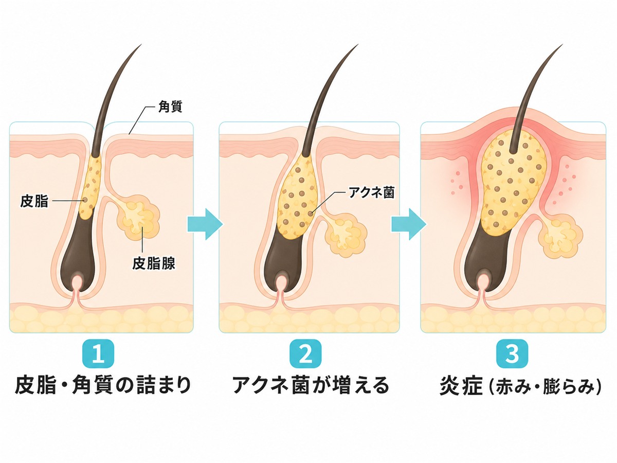 毛穴に皮脂やアクネ菌がたまり炎症が起きる頭皮ニキビの発生の仕組みを示した断面図