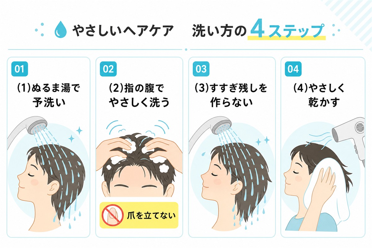 ぬるま湯の予洗いから指の腹でやさしく洗いすすぎ残しを作らない正しい洗髪の手順図