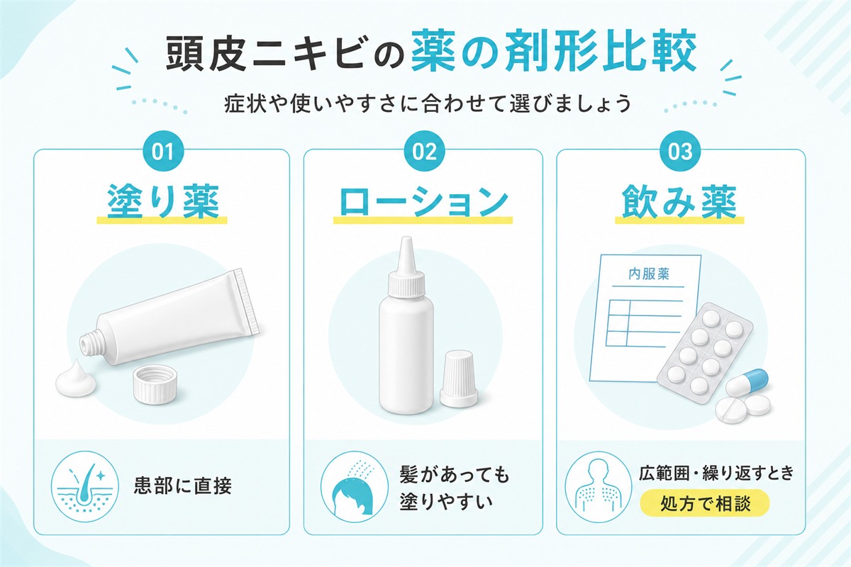 塗り薬やローションや飲み薬といった頭皮ニキビの薬の剤形と使い分けを示した図
