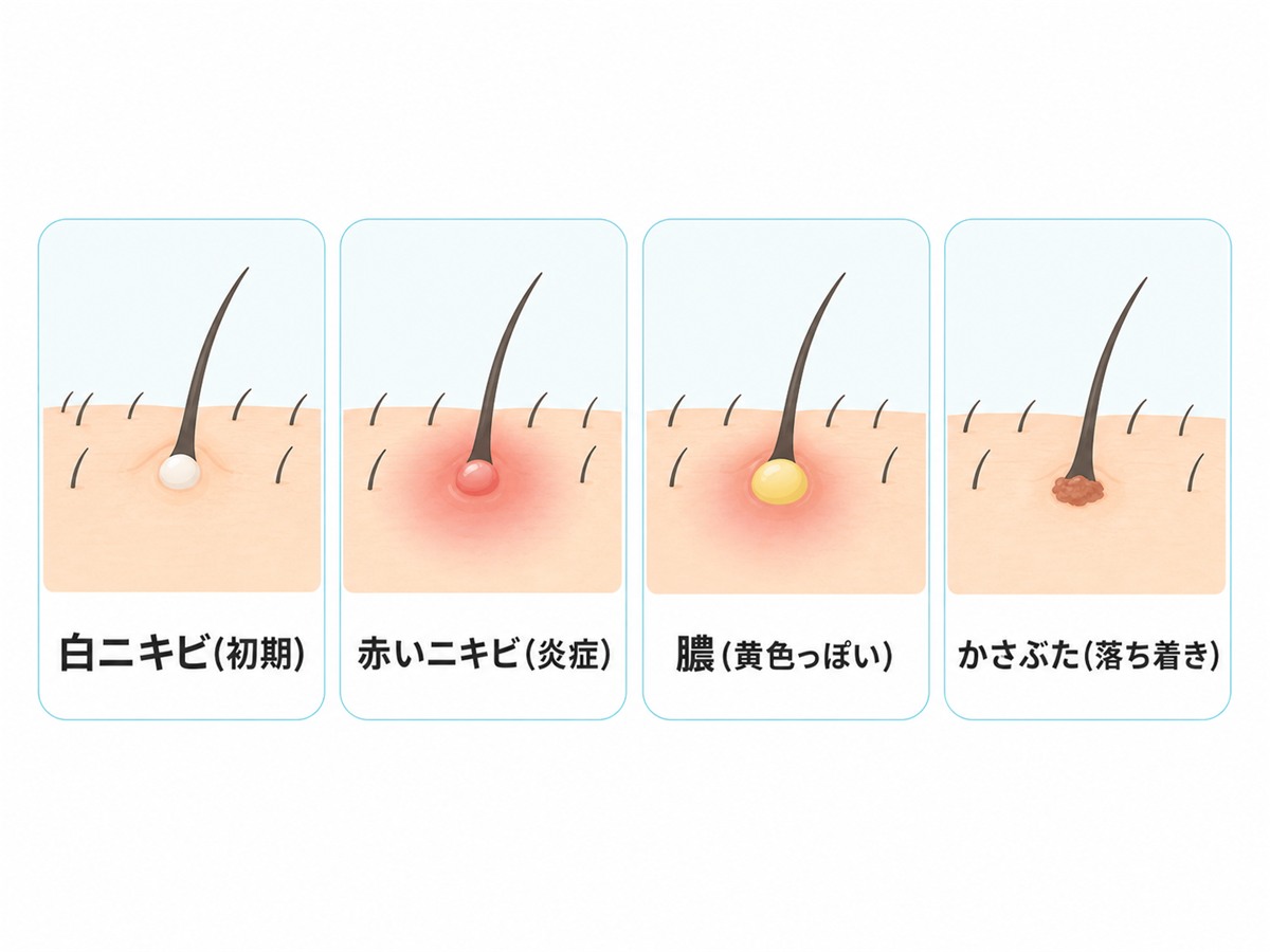 白ニキビや赤いニキビや膿やかさぶたといった頭皮ニキビの見た目の違いを示したイラスト