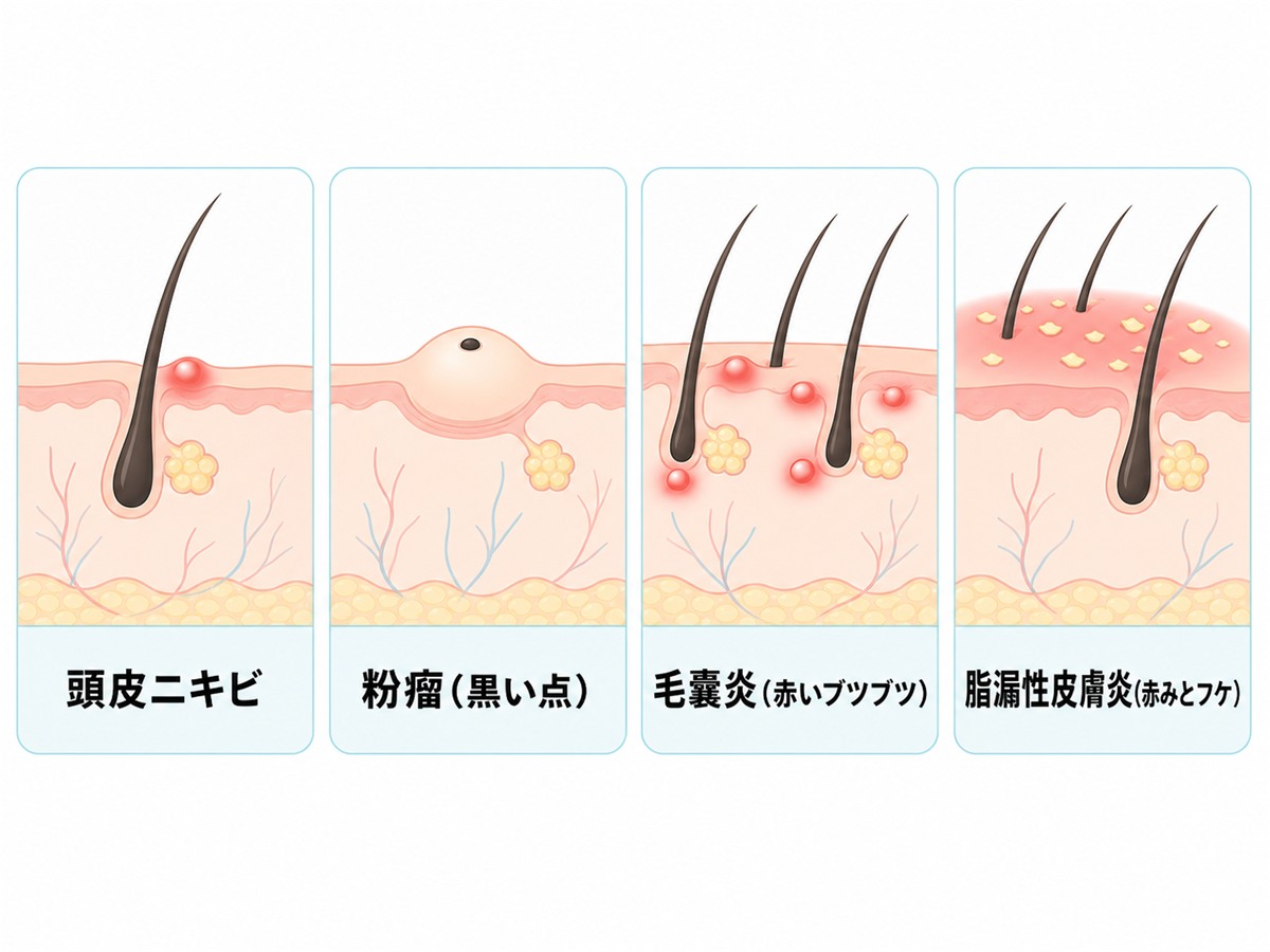 頭皮ニキビと粉瘤や毛嚢炎や脂漏性皮膚炎の見た目の違いを示した鑑別イラスト