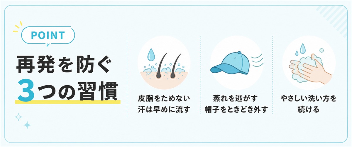 皮脂をためない蒸れを逃がすやさしい洗い方という頭皮ニキビの再発を防ぐ習慣のPOINT図