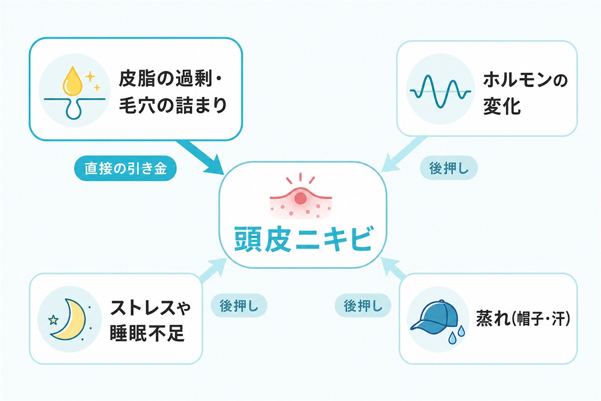 皮脂やホルモンや生活や蒸れが頭皮ニキビを引き起こす原因の関係を示した図
