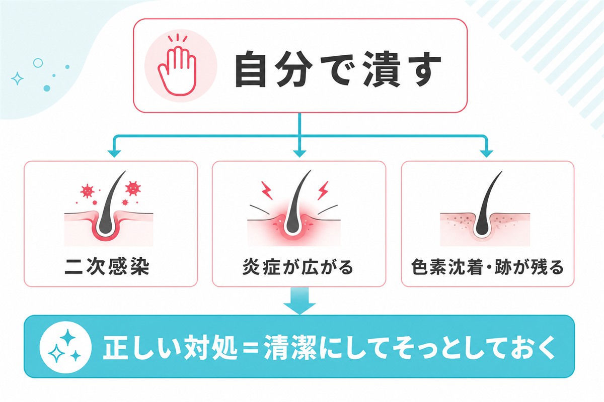 頭皮ニキビを潰すと二次感染や炎症の拡大や跡が起きることを示したフロー図