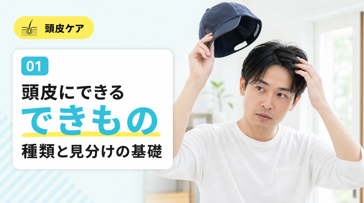 頭皮にできるできものの全体像と種類があることを確かめる見出しイメージ
