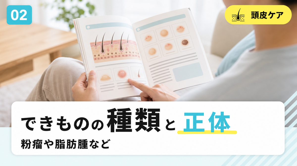 粉瘤や脂肪腫やイボなど頭皮のできものの種類と正体を確かめる見出しイメージ