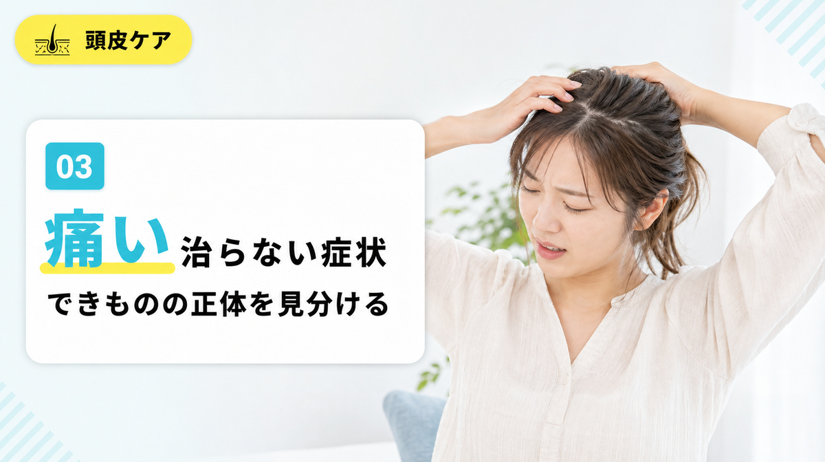押すと痛い・痛くない・赤いなど症状から頭皮のできものの正体を確かめる見出しイメージ