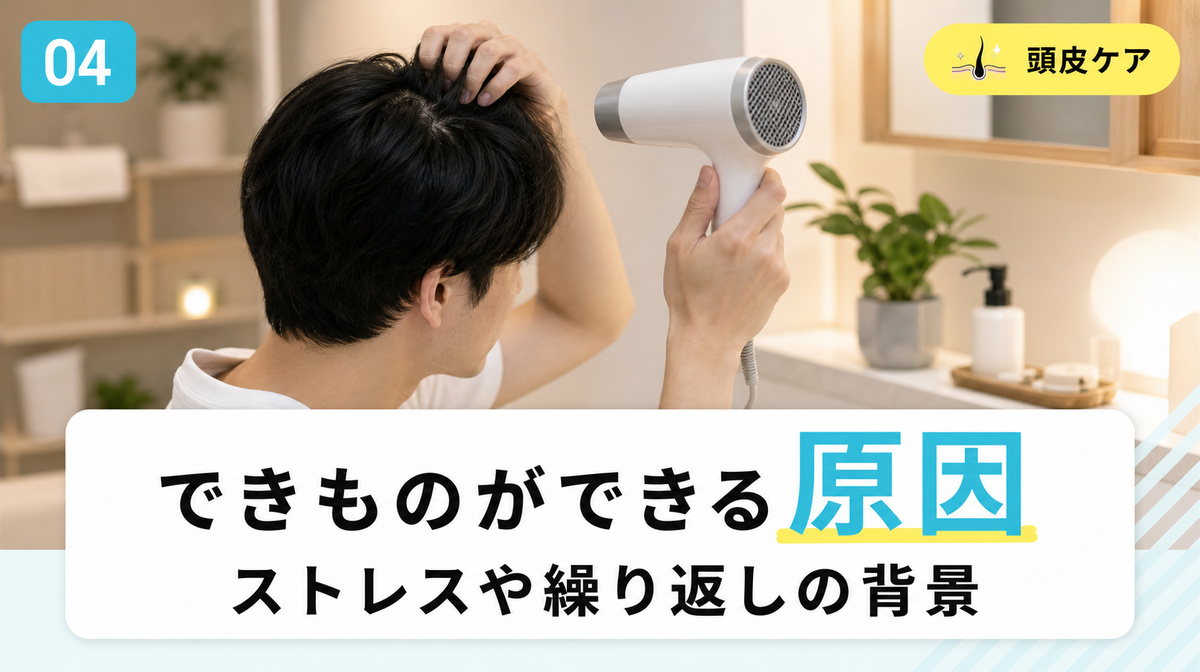 ストレスや子供やパーマなど頭皮にできものができる原因を確かめる見出しイメージ