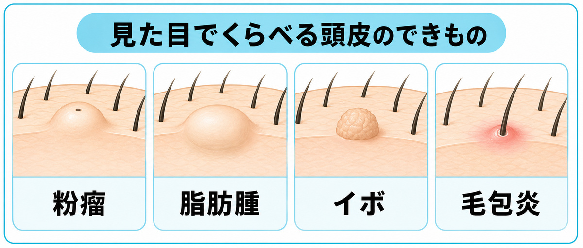 粉瘤や脂肪腫やイボや毛包炎の見た目の違いを並べたイラスト