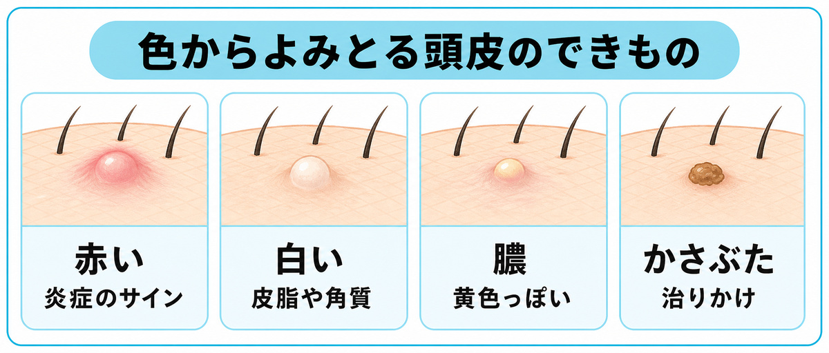 赤い白いかさぶたや膿など頭皮のできものの色でわかる見た目のイラスト
