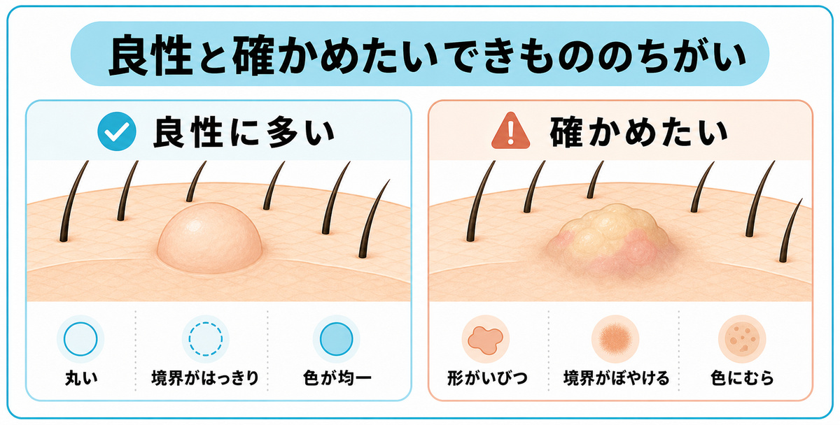 良性と悪性が疑われる頭皮のできものの見た目の違いを示したイメージ図