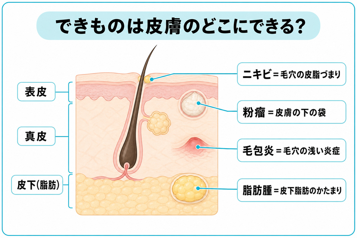 頭皮の断面と粉瘤や脂肪腫や毛包炎やニキビができる層の位置を示した図解