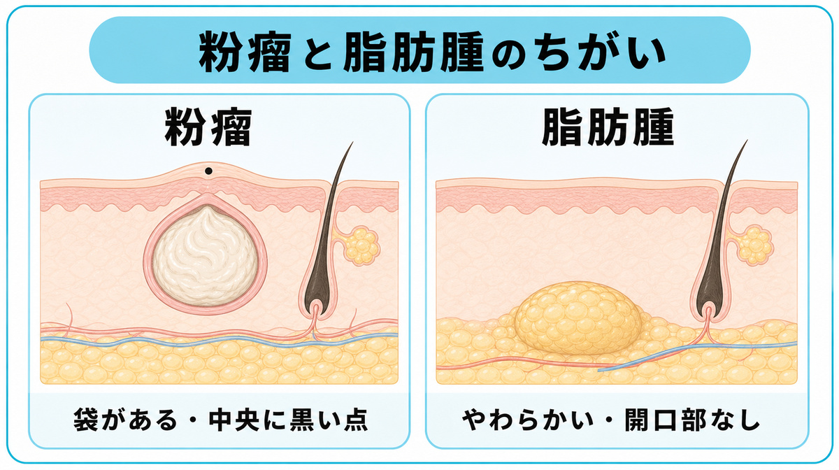 粉瘤と脂肪腫の断面の違いを比較した図解