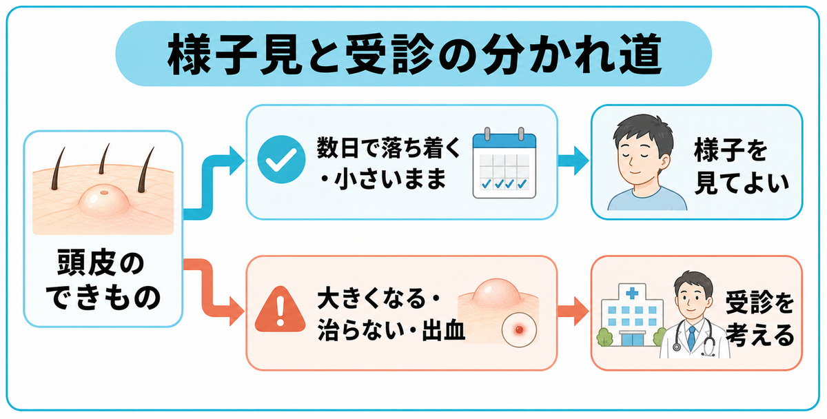 頭皮のできものを様子見してよい場合と受診を考える場合の分かれ道を示した図