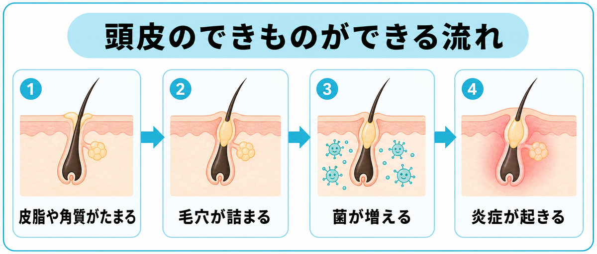 毛穴のつまりから細菌の増殖と炎症までできものができる仕組みの流れ図