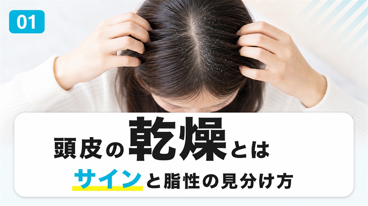 頭皮の乾燥とは何かと乾燥した頭皮のサインや脂性との見分け方を確かめる見出しイメージ